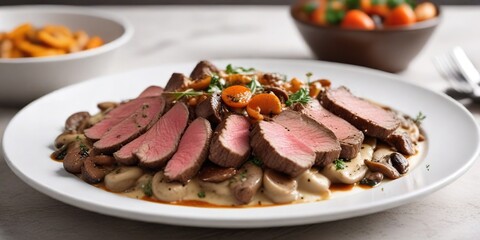 Pan-seared beef strips in a rich and creamy mushroom sauce served on a white plate, mushroom sauce, flavorful sauce