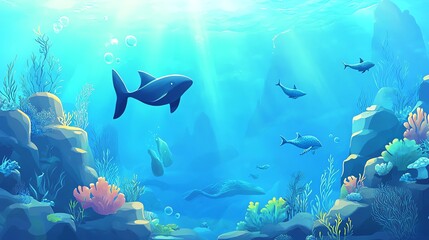 Fototapeta premium A vibrant underwater scene featuring diverse marine life, colorful coral, and illuminated water, depicting a serene ocean environment.