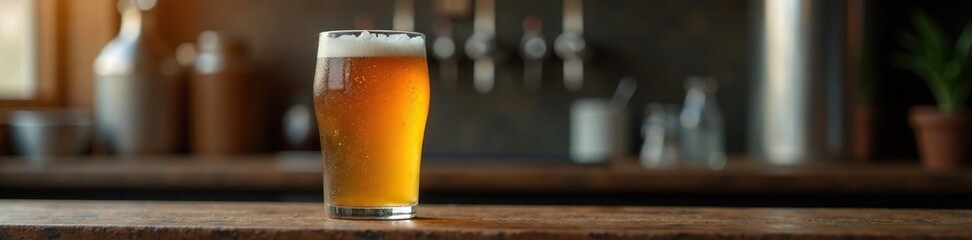 Hazy IPA beer in a glass on a wooden shelf with brewing equipment, liquid, cloudy