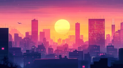 A vibrant sunset illuminating a city skyline, featuring high-rise buildings and a beautiful gradient sky.