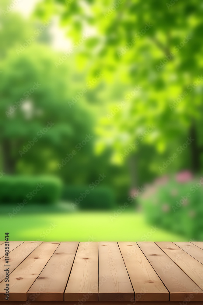 Poster the background features an empty wooden table top against a blurred garden scene with fresh green le