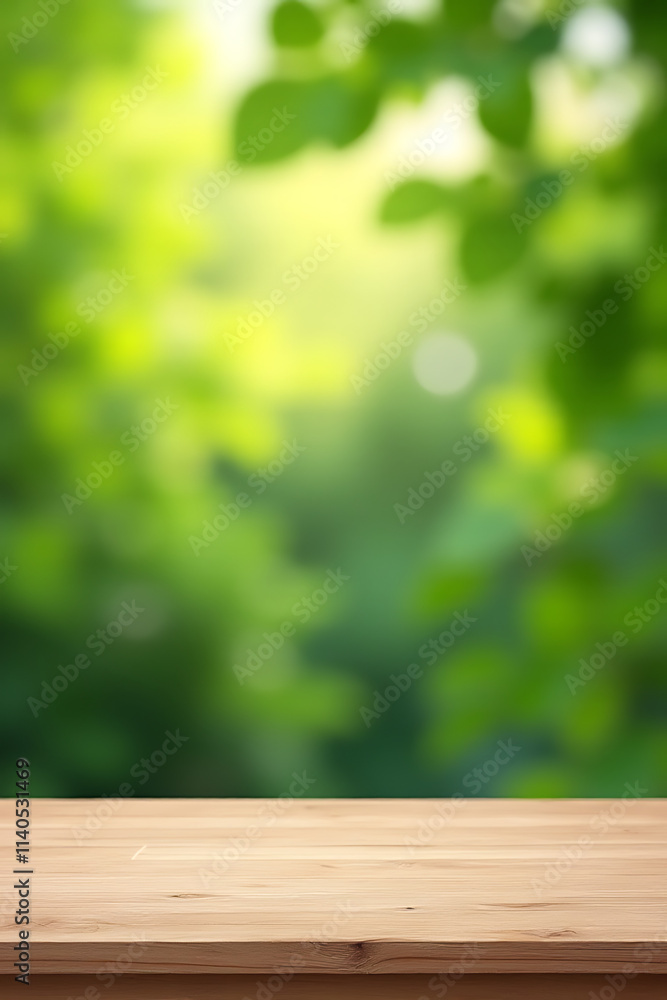 Poster the background features an empty wooden table top against a blurred garden scene with fresh green le