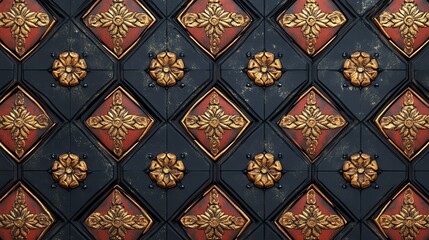 Intricate decorative pattern featuring rich colors and detailed designs, perfect for backgrounds or artistic inspiration.