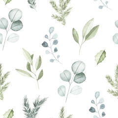 Obraz premium Elegant Watercolor Seamless Pattern with Lush Greenery: Eucalyptus, Olive Leaves, and Pine Branches