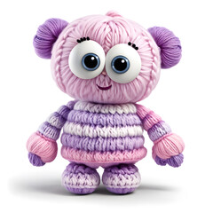 Obraz premium A knitted stuffed toy in the form of a kind fairy-tale character, made of woolen threads in purple tones. White background.