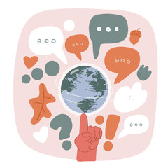 Cartoon vector illustration of a hand spinning a globe on its finger, symbolizing control, global influence, and the world at your fingertips.