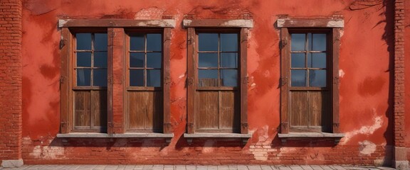 Red brick walls with old, worn-out window frames and rusty hinges against an abstract red background, distressed, concrete, frame