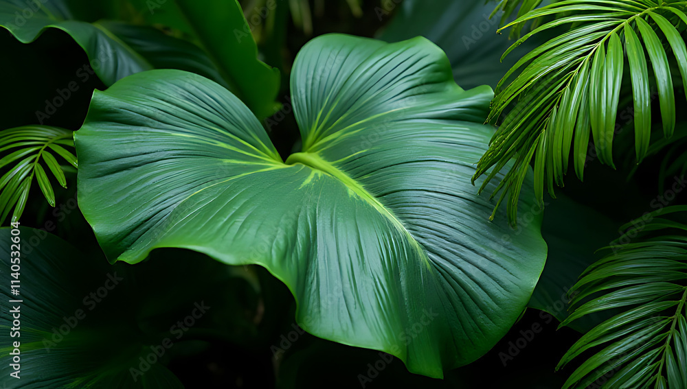 Poster ropical background features large leaf with intricate texture blending seamlessly into natural surro