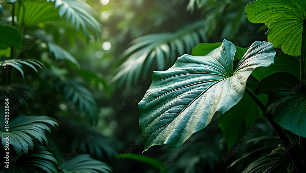 Poster ropical background features large leaf with intricate texture blending seamlessly into natural surro