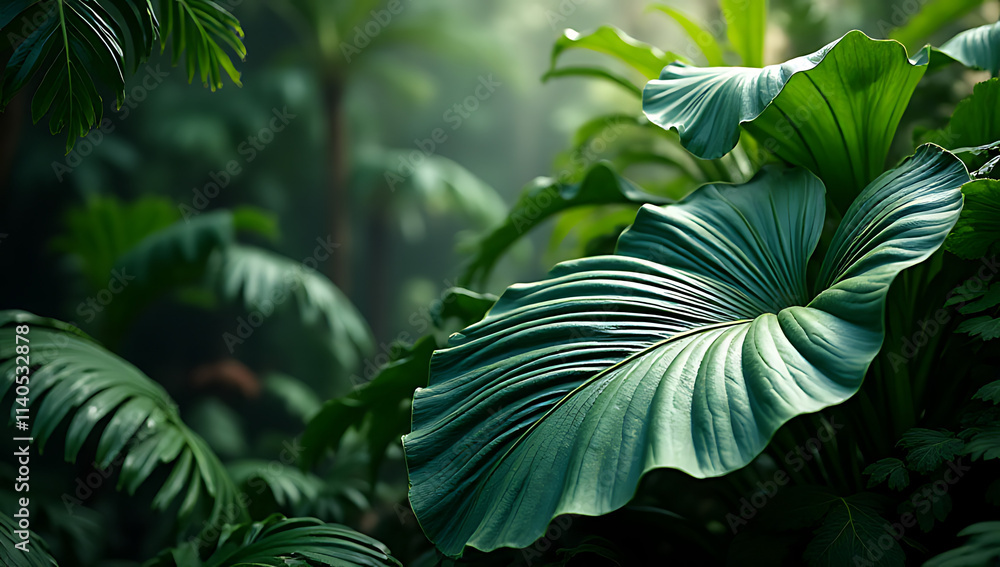 Poster ropical background features large leaf with intricate texture blending seamlessly into natural surro