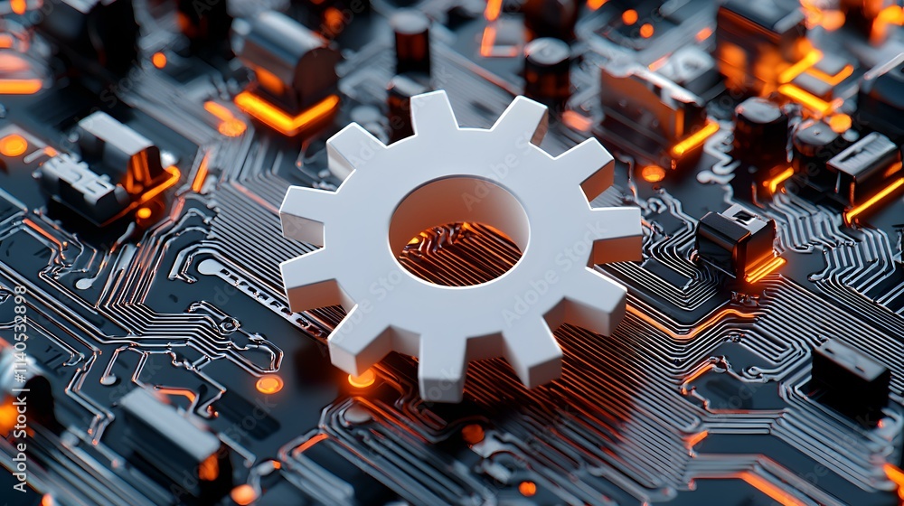 Poster gear element on circuit board background with glowing components