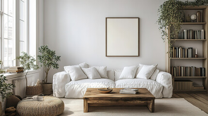 Sophisticated Minimalist Boho Living Room with White Sofa, Coffee Table, and Art Poster Frame