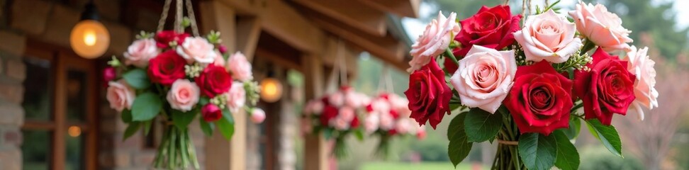 Fototapeta premium Red rose and white carnation flower arrangement hanging from a wooden beam, bouquet, pink