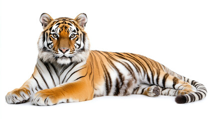 Obraz premium Siberian tiger isolated on white background, aggressive big cat portrait with white black striped, powerful predator in studio shot, dangerous panthera tigris lying down, wild beast strength.