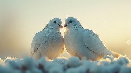 White doves in love. Two love birds against blue sky