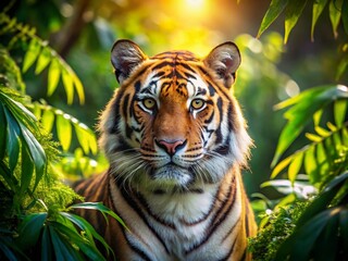 Fototapeta premium Majestic Tiger in Lush Jungle, High Depth of Field, Wildlife Photography, Big Cat Portrait, Wild Animal Image, Nature Background