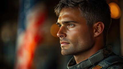 A soldier in detailed military attire stands resolutely against a softly blurred USA flag, embodying strength and solemnity for Veterans Day