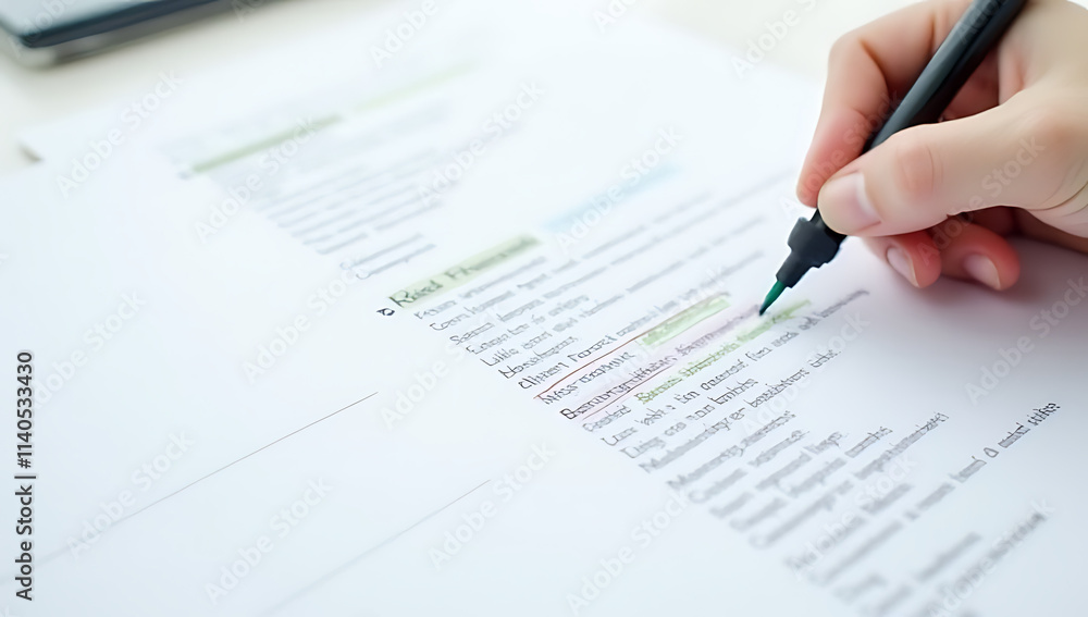 Poster related word data is highlighted with a marker on adjacent papers for effective business strategy an
