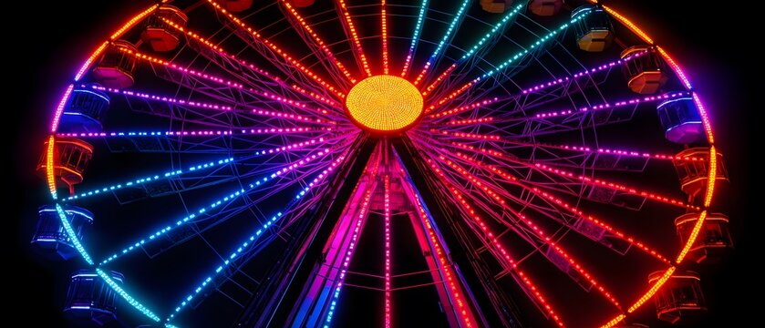 A vibrant, illuminated Ferris wheel against a dark background, showcasing colorful lights. - Powered by Adobe