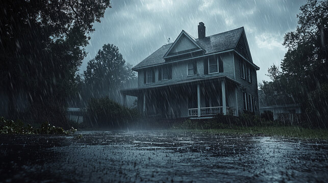 Thunderstorm and heavy rain falling on home or house building, aftermath climate change destruction repair, dangerous weather, insurance.