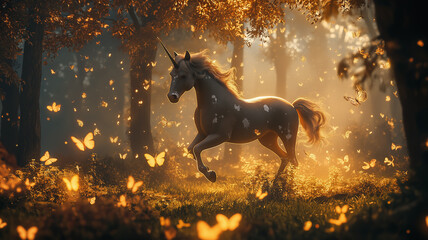 Unicorn in a Magical Forest. Concept of Fantasy, Myth, and Enchantment