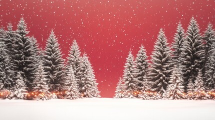 Fototapeta premium Enchanting Winter Scene with Snow-Covered Pine Trees Under a Red Sky, Perfect for Holiday and Christmas-Themed Projects