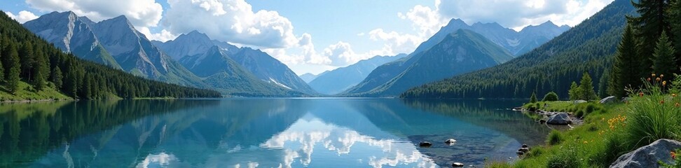 Serene lake nestled among towering mountains in the heart of the Rockies, serene lake, lakeside, mountain landscape