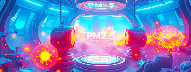 Obraz premium PM 2.5 Air Pollution Control: Climate Impact Solutions, Protection Through Monitoring and Awareness. Futuristic 3D Illustration of Air Purification Technology with Sensors