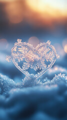 Fototapeta premium Heart-shaped snowflake in winter sunrise bokeh background