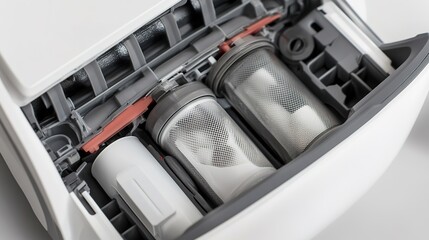 Close-up view of vacuum cleaner filters and internal parts