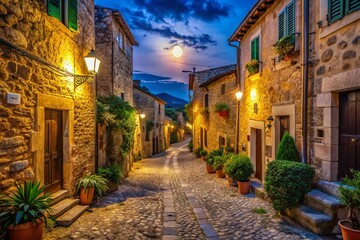 Fototapeta premium Mallorca Village Night Photography: Stunning Night Scenes, Illuminated Buildings, Spanish Architecture, Balearic Islands Night