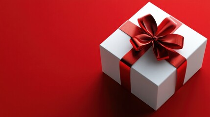 Elegant White Gift Box with Red Ribbon on Bright Red Background