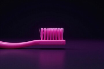 Soft bristles on bright pink toothbrush against dark black background, purple, brush