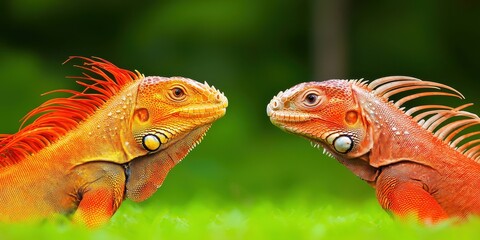 Iguanas engaging in a standoff tropical garden wildlife photography lush environment close-up view animal behavior