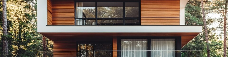 Modern wooden house facade in forest, panoramic window design