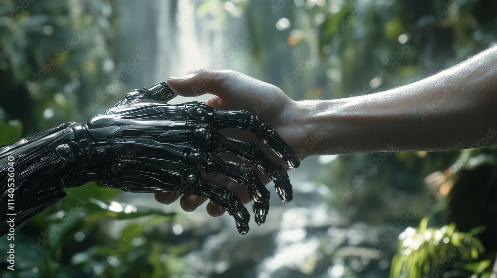 Poster robotic hand grasps human hand in a futuristic setting showcasing technology and connection