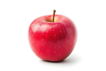 A vibrant, fresh red apple with a shiny skin and visible stem, isolated on white background