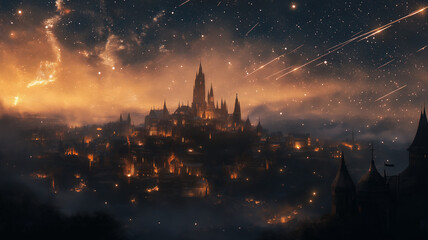 Fantasy Castle Under Siege, A meteor shower during a dramatic night. Concept of epic battle, destruction, fantasy.