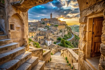 Fototapeta premium Matera Sassi Top View Aerial Drone Shot Staircase Cityscape Italy Panorama