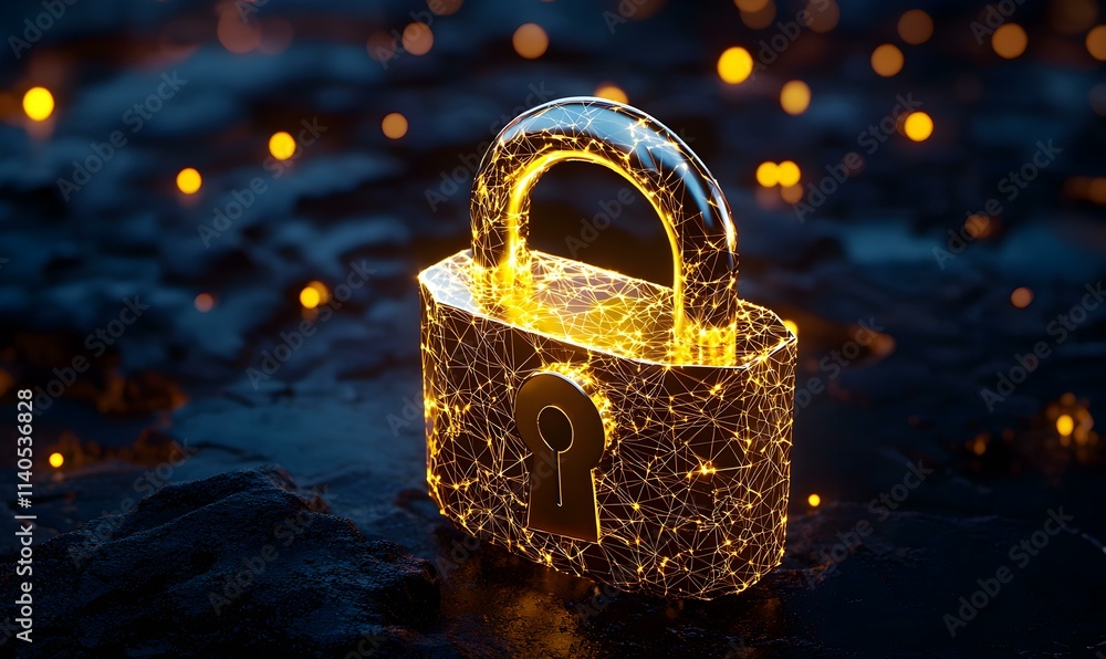 Poster glowing digital lock with sparkles on dark surface background