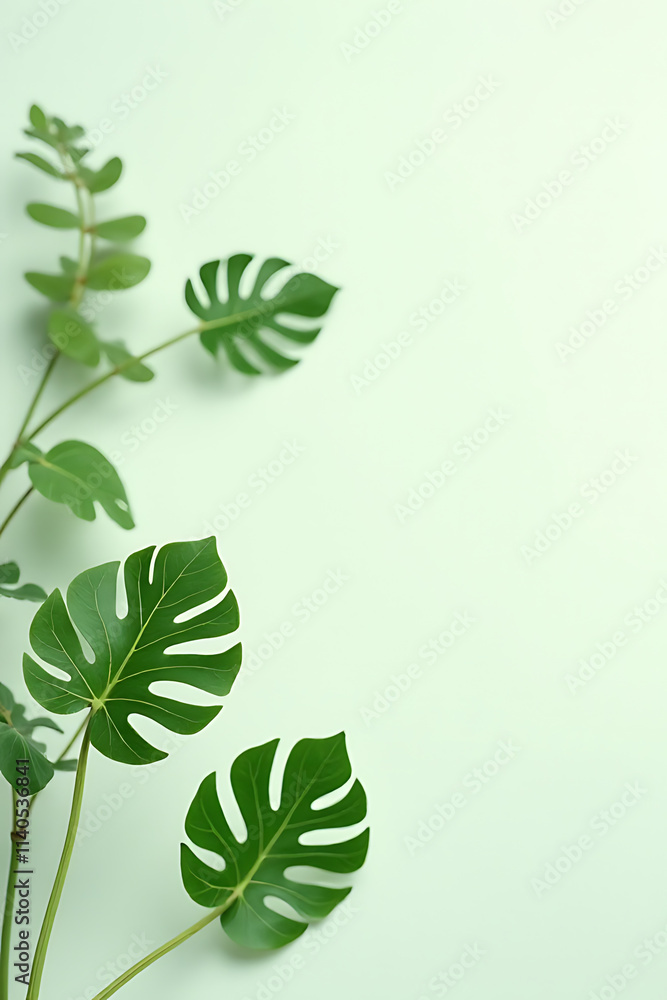 Poster Monstera leaves with selective focus on a white background create a tropical and botanical pattern for decorating compositions._00002_