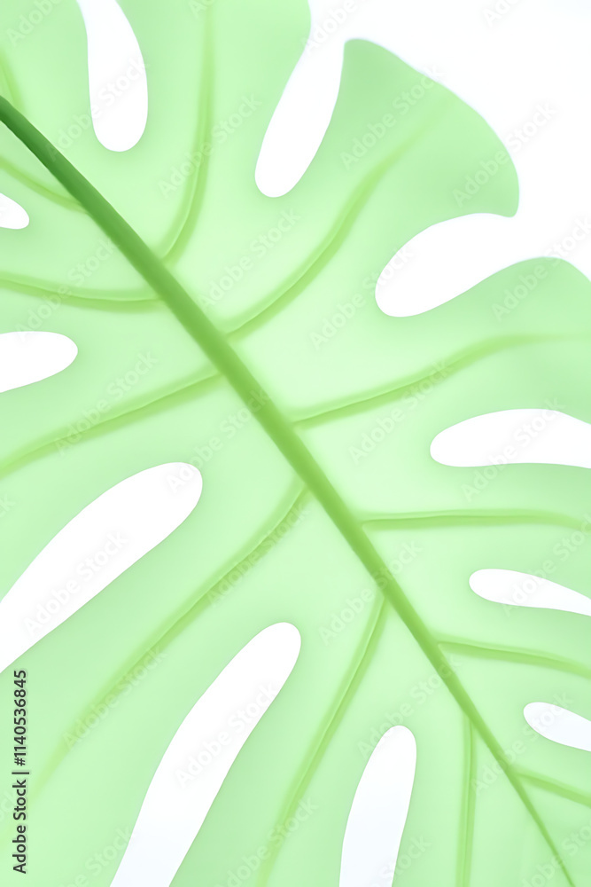 Poster Monstera leaves with selective focus on a white background create a tropical and botanical pattern for decorating compositions._00003_
