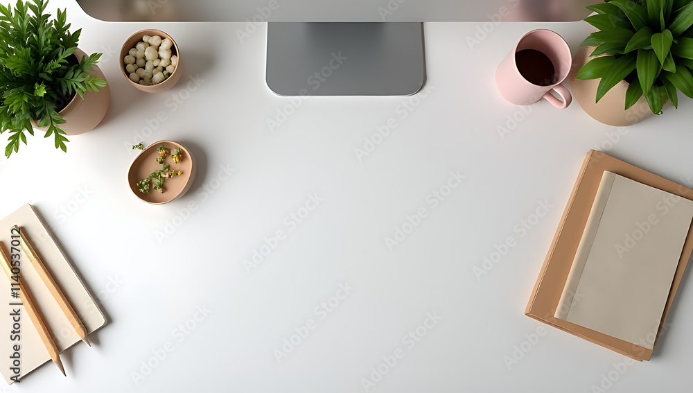 Poster modern office desk setup features a flat lay design with trendy accessories against a neutral backgr