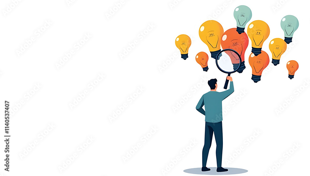Poster man uses a magnifying glass to look at a cluster of colorful light bulbs on a white background, symb