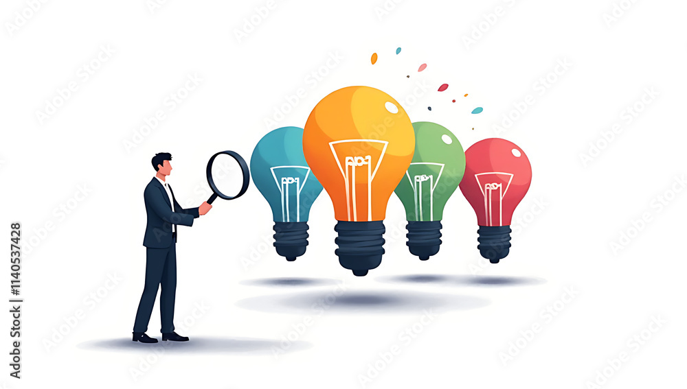 Poster man uses a magnifying glass to look at a cluster of colorful light bulbs on a white background, symb