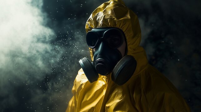Scientist wearing hazmat suit and gas mask in toxic environment