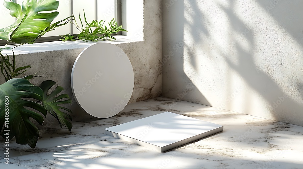 Poster Sunlit minimalist scene with blank display platforms and greenery.