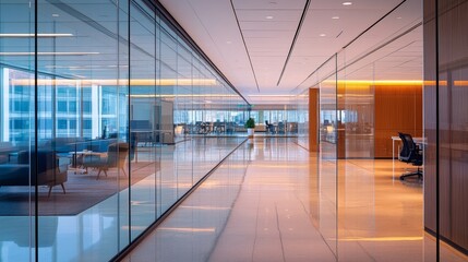 In a sleek glass office space, a team of business professionals engage in lively discussions and exchange strategic ideas, showcasing collaboration and innovation at the heart of modern corporate