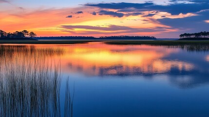 Obraz premium Serene sunset over a calm lake, reflecting vibrant colors and surrounding vegetation.
