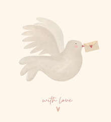 Valentine's Day Card. With Love. Cute Valentine Card with Flying Dove Holding a Love Letter. Hand Painted Pigeon, Envelope With Hearts on a Beige Background. Love Bird. Valentines Greetings. 